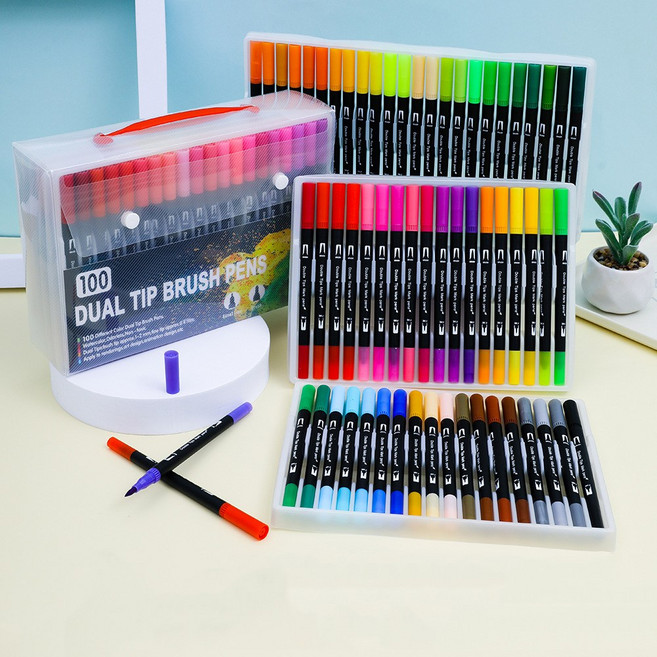 가남 수용성 컬러 브러쉬펜 듀얼 헤드 컬러 사인펜 칼라붓펜세트, 블랙 100 색, 1세트