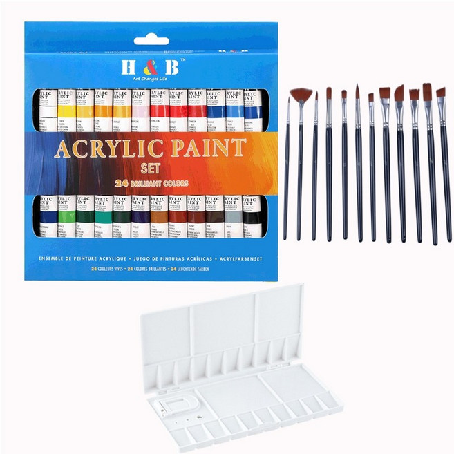 HB 문화사 24색 전문가용 대용량 아크릴 물감 12ml + 다용도 붓12종 + 팔레트 세트 37종구성, 1개