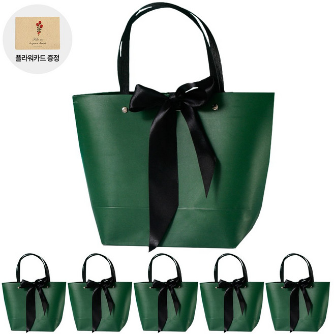 VITALO 블랙리본 기프트백 6P 선물 주머니 답례품 선물 포장 종이 가방 (플라워카드 6개 지급), GR(그린)