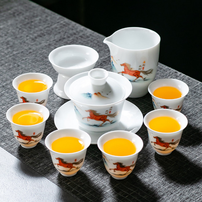 正心 羊脂玉功夫茶具套裝 萬里山河白瓷蓋碗茶具禮盒, 49..10頭白瓷蓋碗馬到成功, 默認, 1個