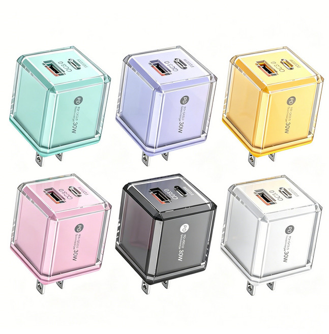 透明小冰塊充電頭 30W 雙孔快充頭 PD TypeC 適用蘋果 安卓, 1個, 綠色, 綠色