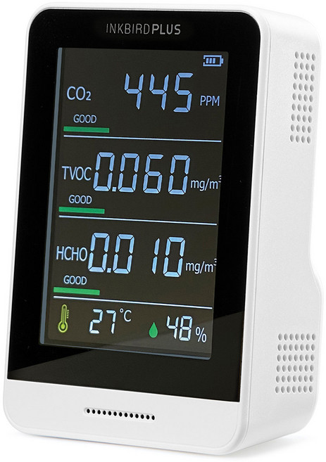 INKBIRDPLUS 공기질 모니터 AK3 실내 이산화탄소 측정기 포름알데히드(HCHO) TVOC 온도 및 상대 습도 실시간 검출기 350~2000ppm 범위, White, 1개