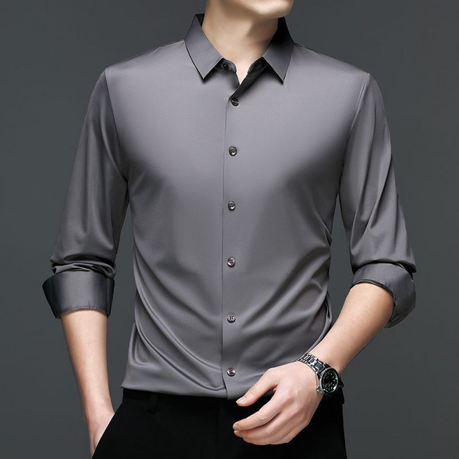 男士長袖襯衫 商務休閒 純色 薄款 全無痕彈力 免燙