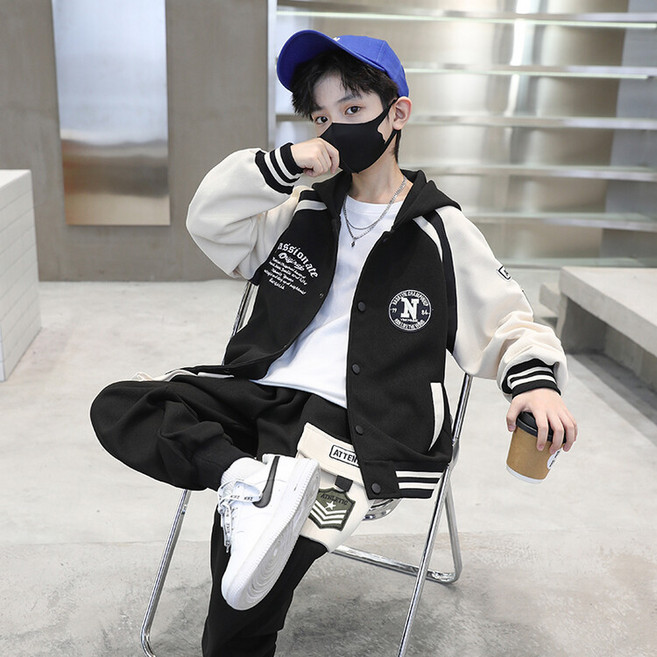 나나키즈 남아 봄 가을 N 레터링 로고 후드 배색 야구점퍼 상하복 세트 초중생 긴팔 초등생 긴바지 세트 (2312)