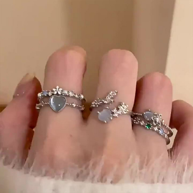 핑크비올라 블루 하트 큐빅 칠보 여성 패션 오픈링 반지 3종세트