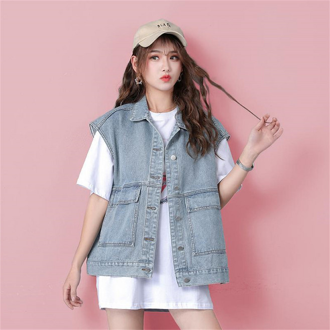 besteffie 여성용 데님 자켓 슬리브리스 조끼 캐주얼 봄 여름 아우터 귀여운 K51