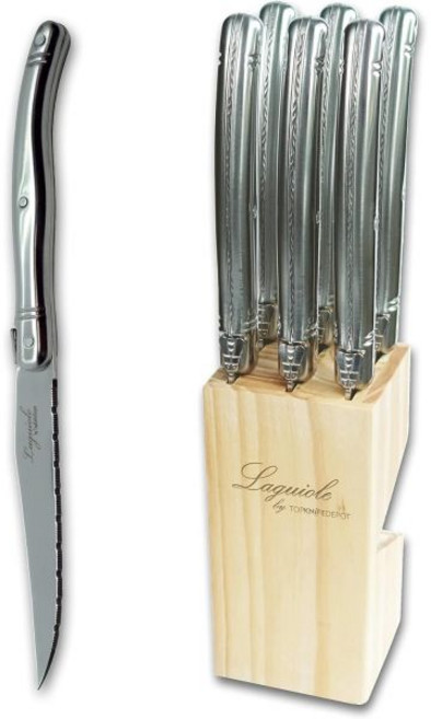 양식기 커트러리 레스토랑 세트 탑나이프 라귀올 스테이크 나이프 - 스테인리스 스틸 손잡이 톱니날 6개 선물 상자, 6개 칼 세트 - 톱니 날 - 소나무 나무 블록