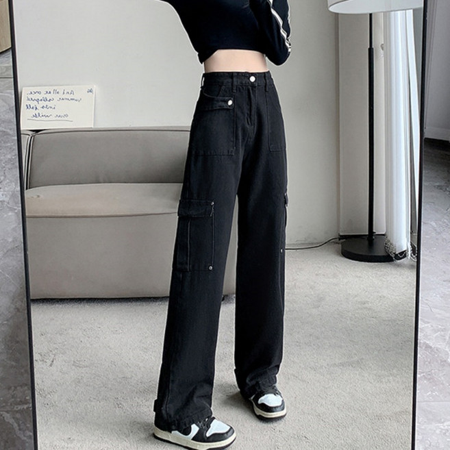 Makone 여성 하이웨이스트 데님 팬츠 코디네이터 캐주얼 스트레이트 루즈핏 카고 청바지