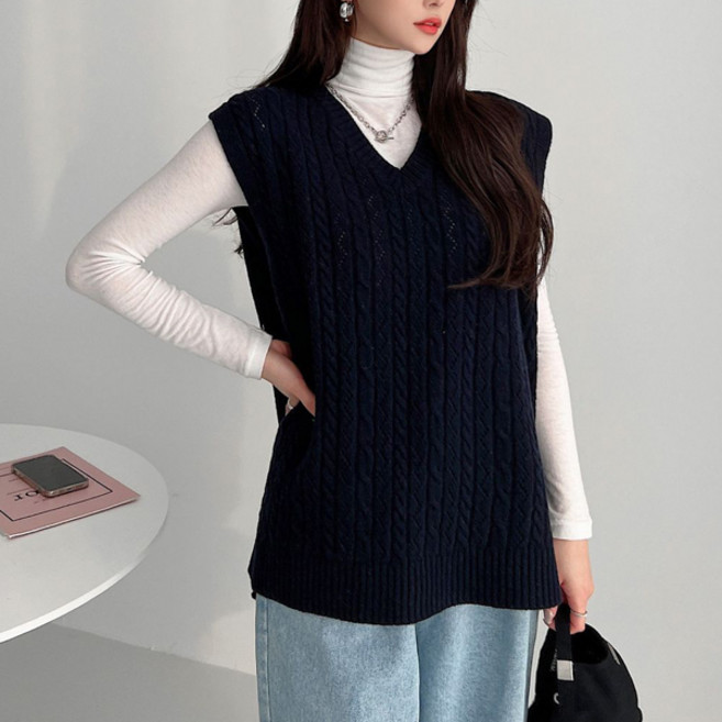 뜨개진 여성용 울 루즈핏 스카시 꽈배기 롱 니트 하딘 베스트