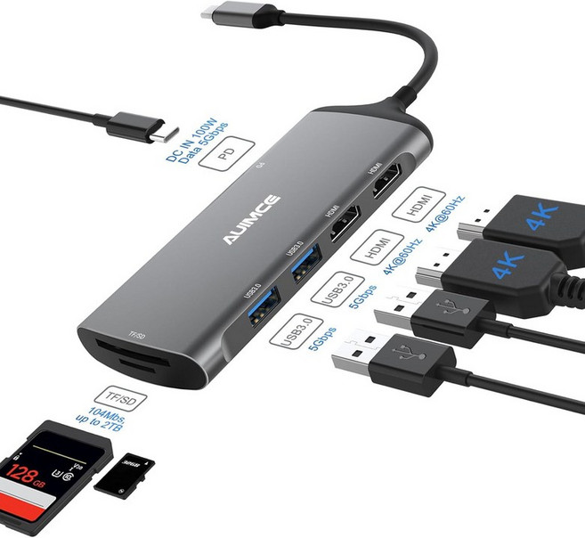 AUIMCE USB C 허브 멀티포트 HDMI 스플리터 어댑터 7 in 1 USB-C 도킹 스테이션 듀얼 모니터 2 4K@60Hz 100W PD 포트 3.0 2배 SDTF 카드