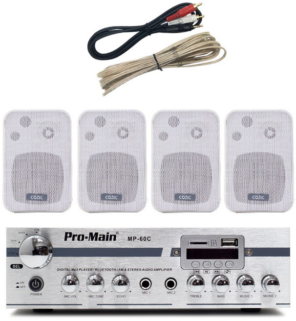 블루투스 매장용 미니 앰프 스피커 세트 카페 매장 업소용 벽걸이, MP-60C 1개 + 4인치 스피커 4개(화이트)