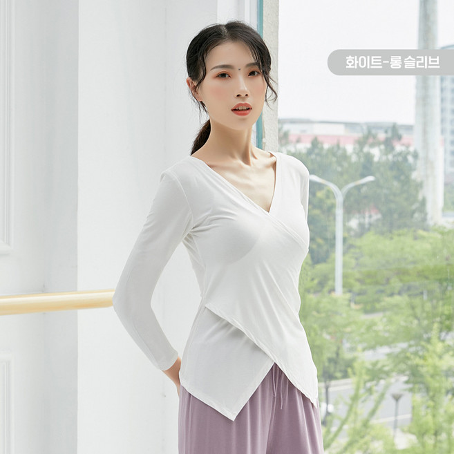 NEW 봄가을 여성 요가 긴팔티티 브이넥티셔츠 댄스복상의 모달 코튼 크로스 디자인 여자 등산티셔츠 운동복상의 기능성티셔츠 브이넥티셔츠 댄스복상의 빅사이즈티셔츠, 흰색