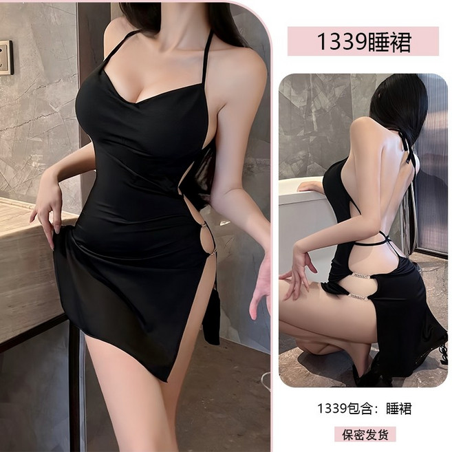 性感掛脖彈力 側開叉修身美背制服女睡衣