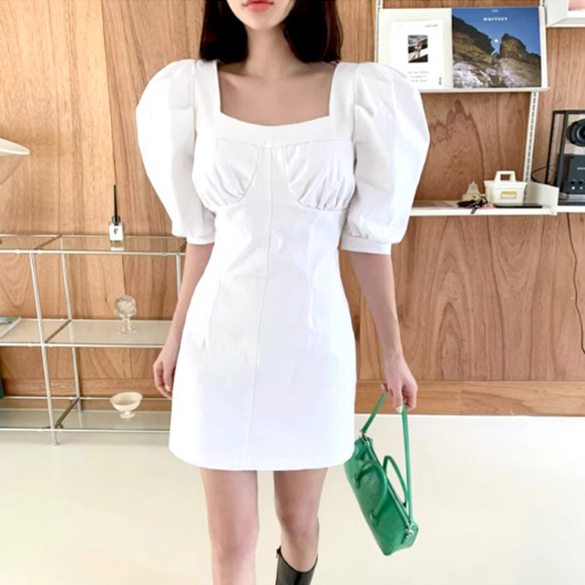 라라홀리 복고풍 스퀘어넥 볼륨 퍼프소매 슬림핏 원피스