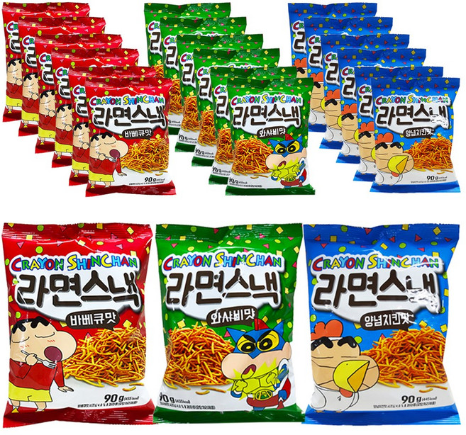 크레용신짱 라면스낵 90g 바베큐맛 7개+와사비맛 7개+양념치킨맛 7개 (총21개) 과자뿌셔뿌셔에낙, 21개