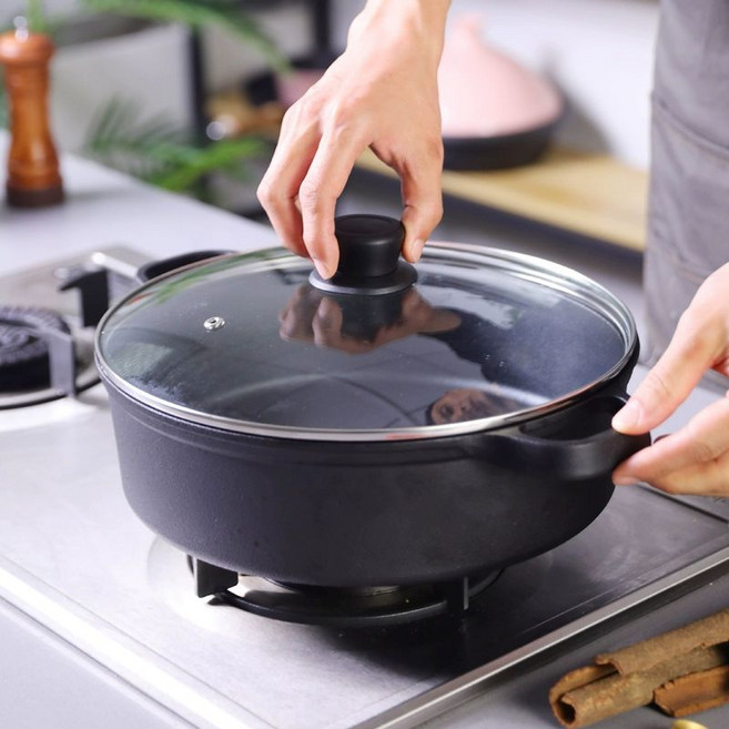 무쇠 주물 전골냄비 다용도 전 겸용 일본 일본식 냄비 스키야키 원형 나베 샤브샤브 주철, 1개