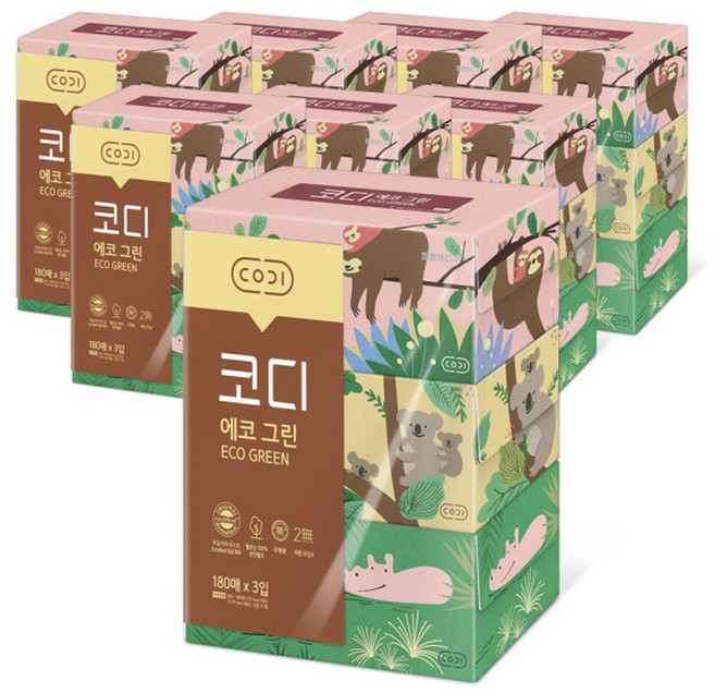 코디 에코그린 미용티슈 180매 x 3입 8팩 각티슈 화장지, 8개
