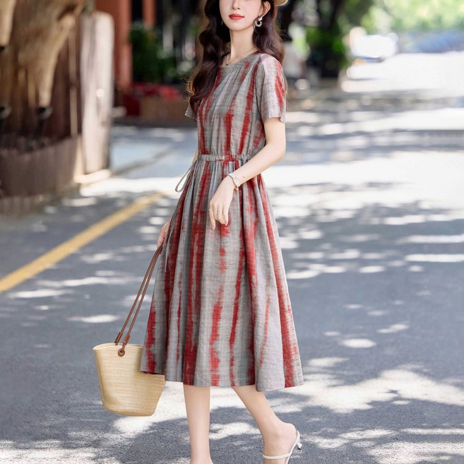 COSYEVNO 면마 반팔 원피스 허리 스트링 프린트 캐주얼 여성 스커트