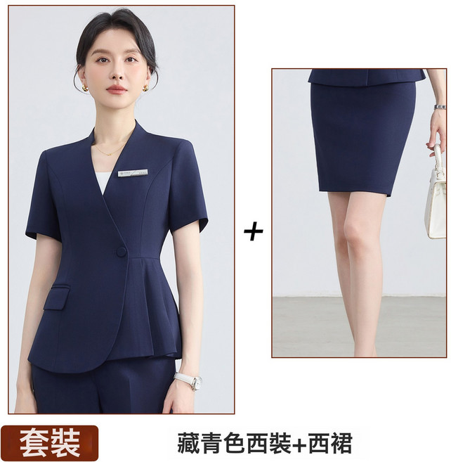 女款藏青色職業西裝套裝 夏季薄款教師面試正裝職場西服外套