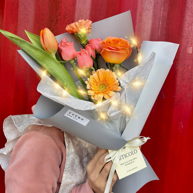 주말배송 신선 보냉포장 아르띠콜로 무지개 생화 꽃다발 (예약일 지정불가), 5개, 오렌지 꽃 송이수