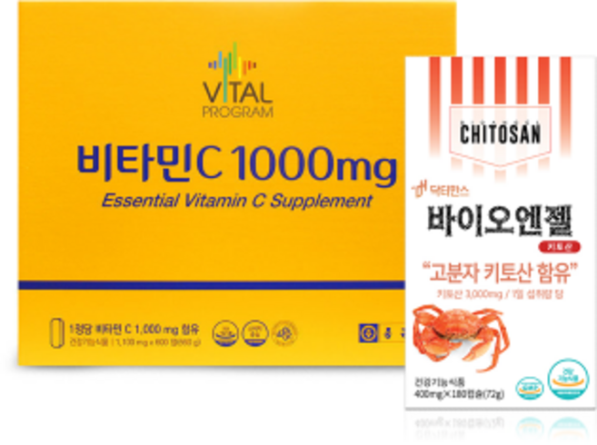 (세트) 종근당 비타민C 600정+바이오엔젤 고분자 키토산 키토올리고당 효능 콜레스테롤 체지방 개선 1개, 180정