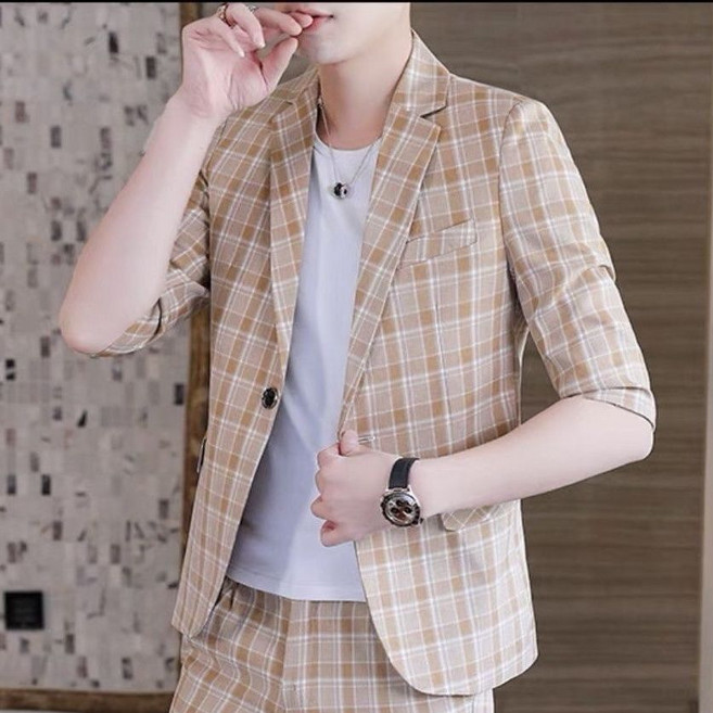 남성 반팔 정장 자켓 봄여름 슬림 7부 체크 정장 캐주얼 루즈핏 정장 상의 아우터 트렌드 반팔 정장 코트 WMY
