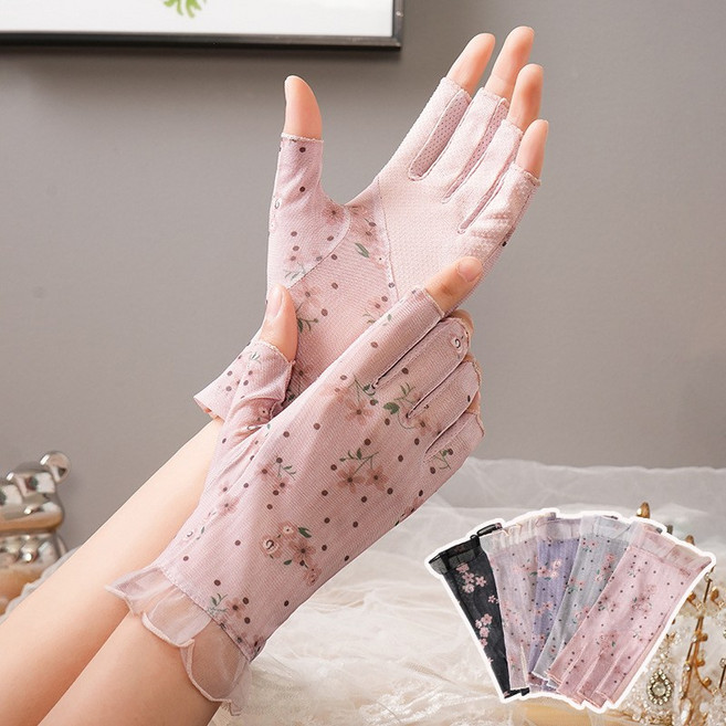 패션 여성 반장갑 붉은 잔꽃 망사 여름 여행 등산 자외선차단 운전 반 장갑