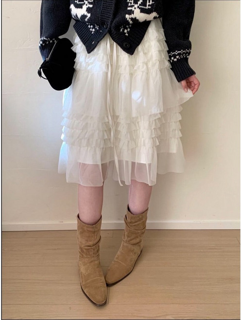 스타일 키 SK2599 여성 프릴 레이스 플레어스커트 캉캉 미디 스커트