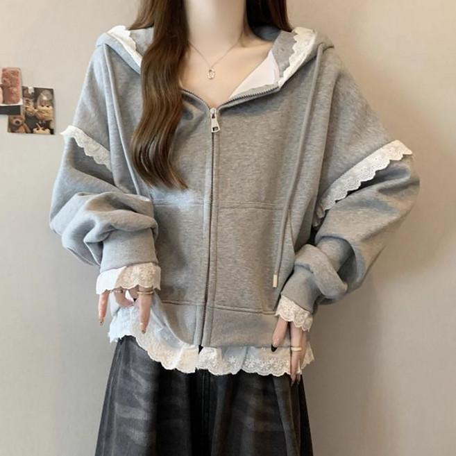 ROYALBELLE 여성 빅사이즈 후드 긴팔 가디건 루즈핏 고급 레이스 패치워크 배색 가디건 Z01022412