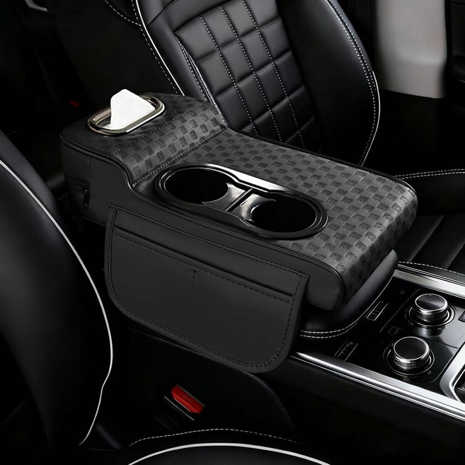 Purevia 다기능 자동차 팔걸이 쿠션 컵홀더 휴지통 폰 거치대 통합 일체형 차량 내부 정리 필수, 1개, 블랙