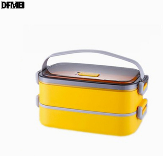 DFMEI 304不鏽鋼飯盒學生雙層PP便當盒午餐盒食品沙拉容器微波, 1個, 黃色:雙層