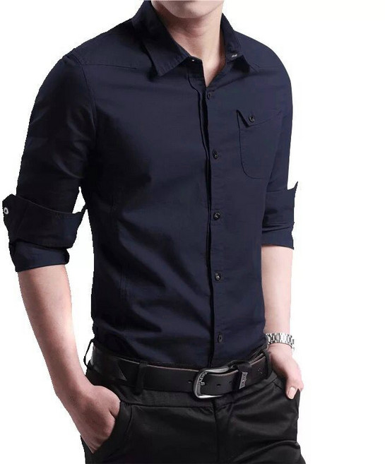 街頭潮流韓版修身硬挺軍裝長袖襯衫 口袋 素色 工裝襯衫 男生上衣