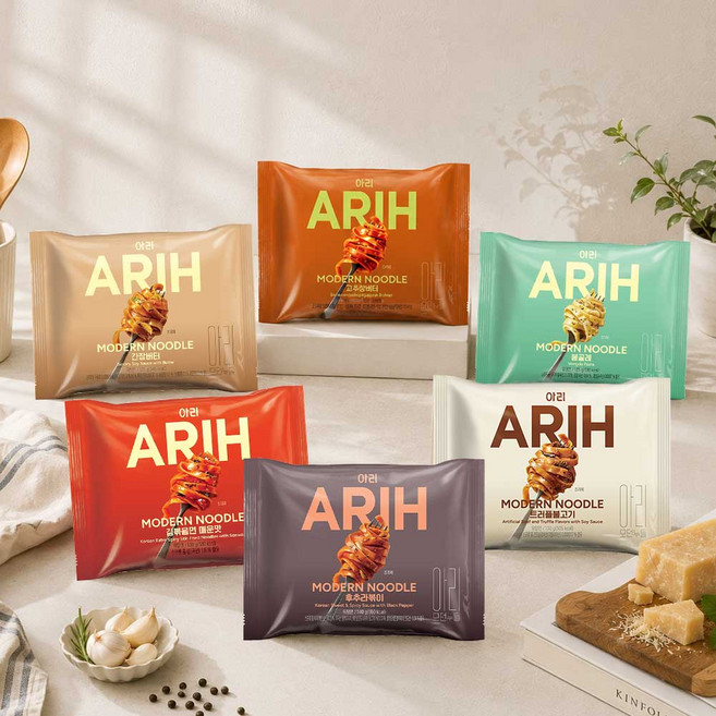 ARIH 아리 모던누들 봉지면 24개입 B세트 (봉골레 4개 + 후추라볶이 4개 + 고추장버터 4개 + 간장버터 4개 + 트러플 불고기 4개 + 김볶음면 매운맛 4개)