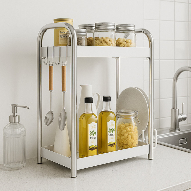 로미픽 스텐 높은 2단 주방 양념통 정리 수납 선반, 1개, 화이트