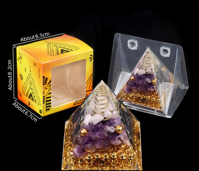 樹脂膠包裹水晶碎石金字塔擺件 家居小擺件 盒裝, 白水晶＋紫水晶