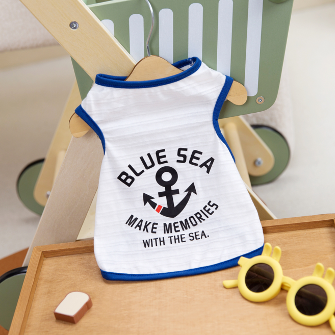 봄 여름 가을 강아지 옷 귀여운 해양 스타일 앵커 프린트 경량 나시 애견의류, 1개, 블루