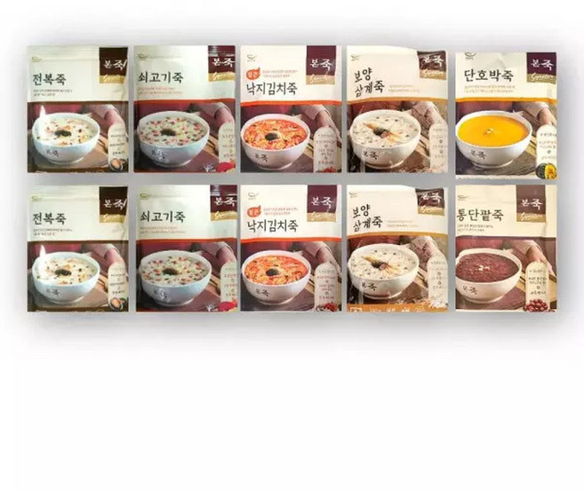 본죽 200g 10팩(전복2/쇠고기2/낙지김치2/삼계2/단호박1/통단팥죽1), 10개