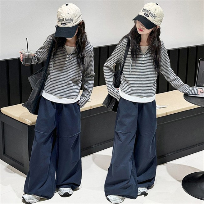 비비키드 초등생 스트라이프 후드 페이크 레이어드 긴팔 상의 초중생 하의 긴바지 주니어 세트 여아 봄 가을 초등생 상의+하의 (77715)