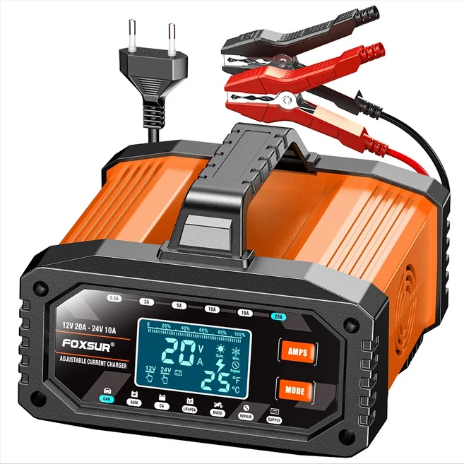 FOXSUR 0.5A-20A 휴대용 ATV 오토바이 자동차 배터리 충전기 12V24V 리튬 AGM GEL 납산 LiFePO4 스마트, 01 220V EU Plug, 1