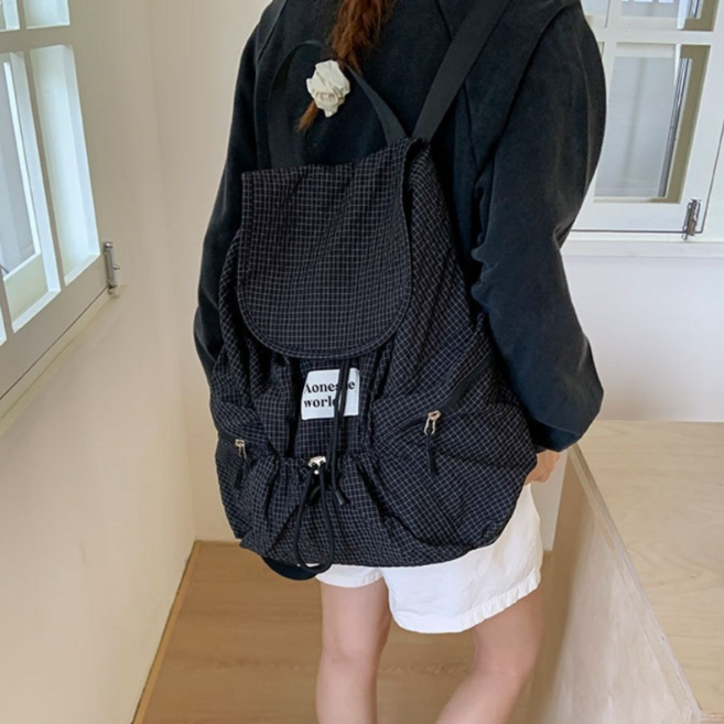 멀론 체크 나일론 스트링 초경량 여행용 백팩