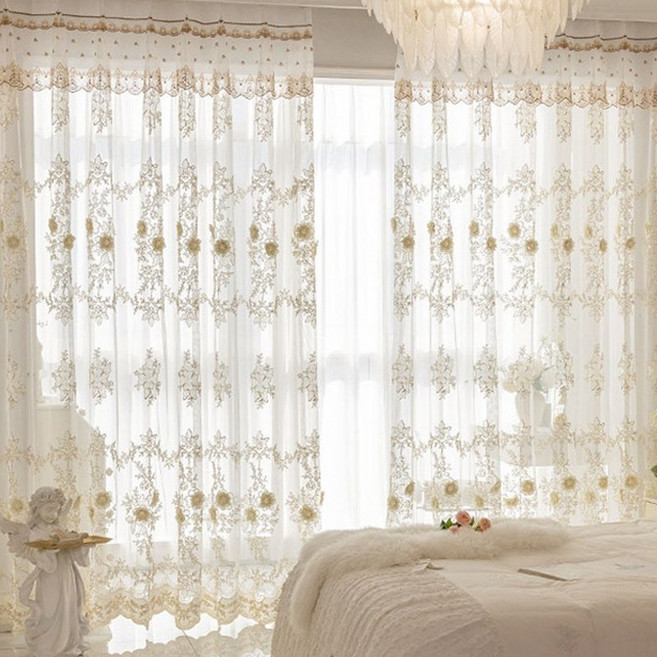 Elsecho 아일렛형 1+1 고급스러운 자수 커튼 섬세한 장미 반투명 레이스 커튼