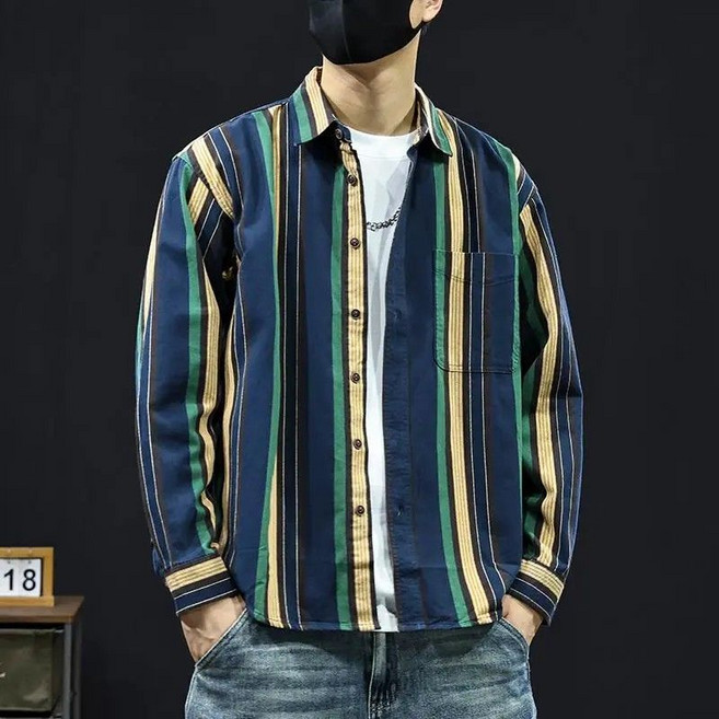 Makone 남성 셔츠 스트라이프 빈티지 캐주얼 코디네이터 데일리룩