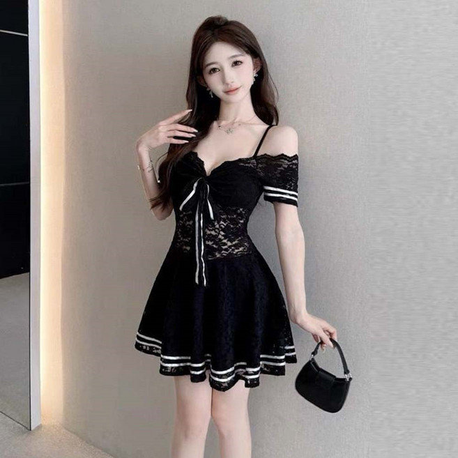 TKX 여성 홀복 가을 겨울 섹시 오프숄더 레이스 클럽 끈나시 미니 원피스 KN89