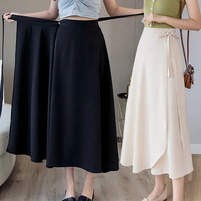 이너퀸 프리수 여성용 랩 끈 롱 플레어 A라인 치마 스커트 리본 사이즈 조절 랩스커트