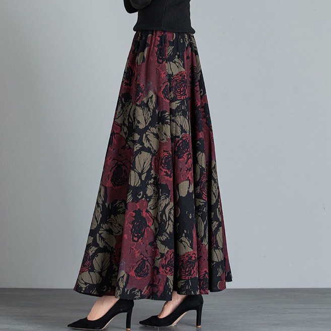 해피유통 여성 롱 플레어 꽃무늬 A라인 스커트 하이웨이스트 여유로운 복고풍 XG08