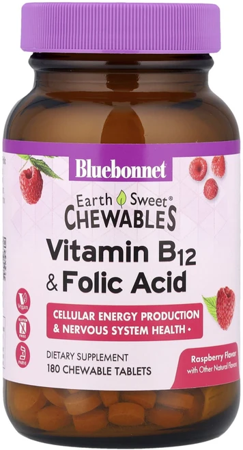 블루본넷뉴트리션 EarthSweet 츄어블 비타민B-12 앤드 엽산 라즈베리맛 180정, 6개 - 쿠팡