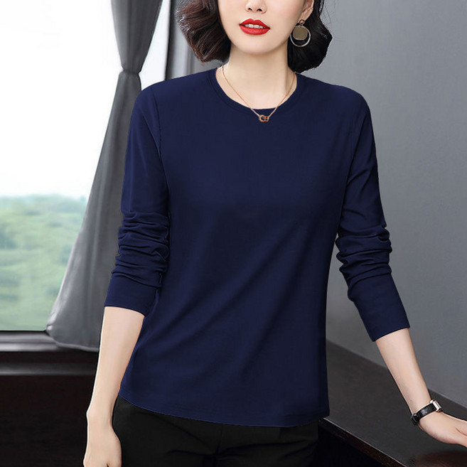 圓領長袖T恤女 中年媽媽純棉打底衫