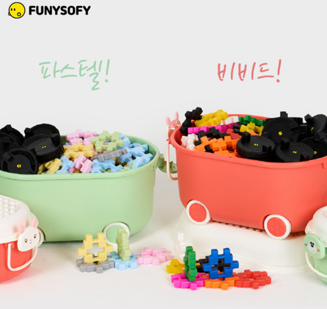 퍼니소피 NEW 와플 꼬마 사각 블럭 선물용 60p (바퀴 4p) 비비드 파스텔 캐릭터 보관함, 비비드컬러 60p(바퀴4p포함), 레드, 1개