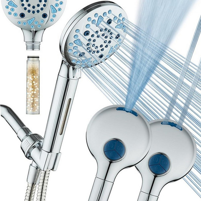 AquaCare 고압 10 모드 필터 핸드헬드 샤워 헤드 내장 파워 워시 - 욕조 타일 및 애완 동물을 청소하고 물에서 염소 금속 독소를 제거하여 피부 모발 손톱을 보호합, Chrome