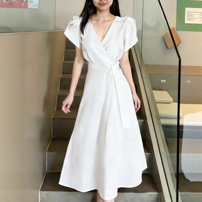 여성 여름 원피스 허리 조임 미디 기장 생일 파티 모임 우아한 데일리룩